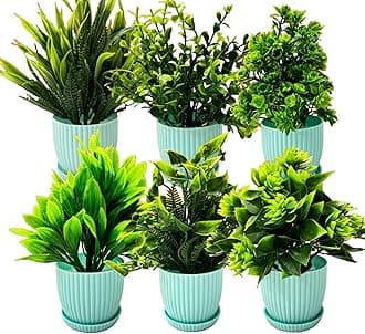 Dekorly® Plastic 6 Packs Fake Plants Small, Mini Artificial Plants Indoor for Home Farmhouse Bathroom Shelf Décor (Light Blue, Height : 17CM)
