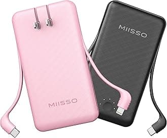 miisso Ultra Slim 10000mAh Power Bank Built-in Cables and Foldable AC Wall Plug, Pocket Size USB C Portable Charger, External Battery Pack Compatible with iPhone Samsung, 2 Pack Black & Pink