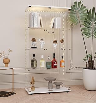 Modern Glass Display Cabinet 4-Shelf with LED Light, Lock and Wheels, 2 Door Curio Cabinets, Tempered Glass Collection Display Showcase for Living Room Home Office,30.9x13.5x65.5 H,White