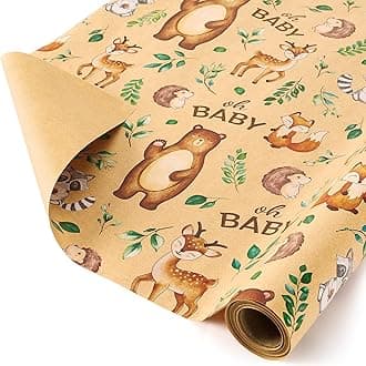 WERNNSAI Baby Shower Kraft Wrapping Paper Roll - 1 Roll 17” x 33 ft Baby Shower Wrapping Paper Roll Kids Baby Birthday Gift Wrap Roll Wrapping Paper Woodland Animals Design Bday Party Favor
