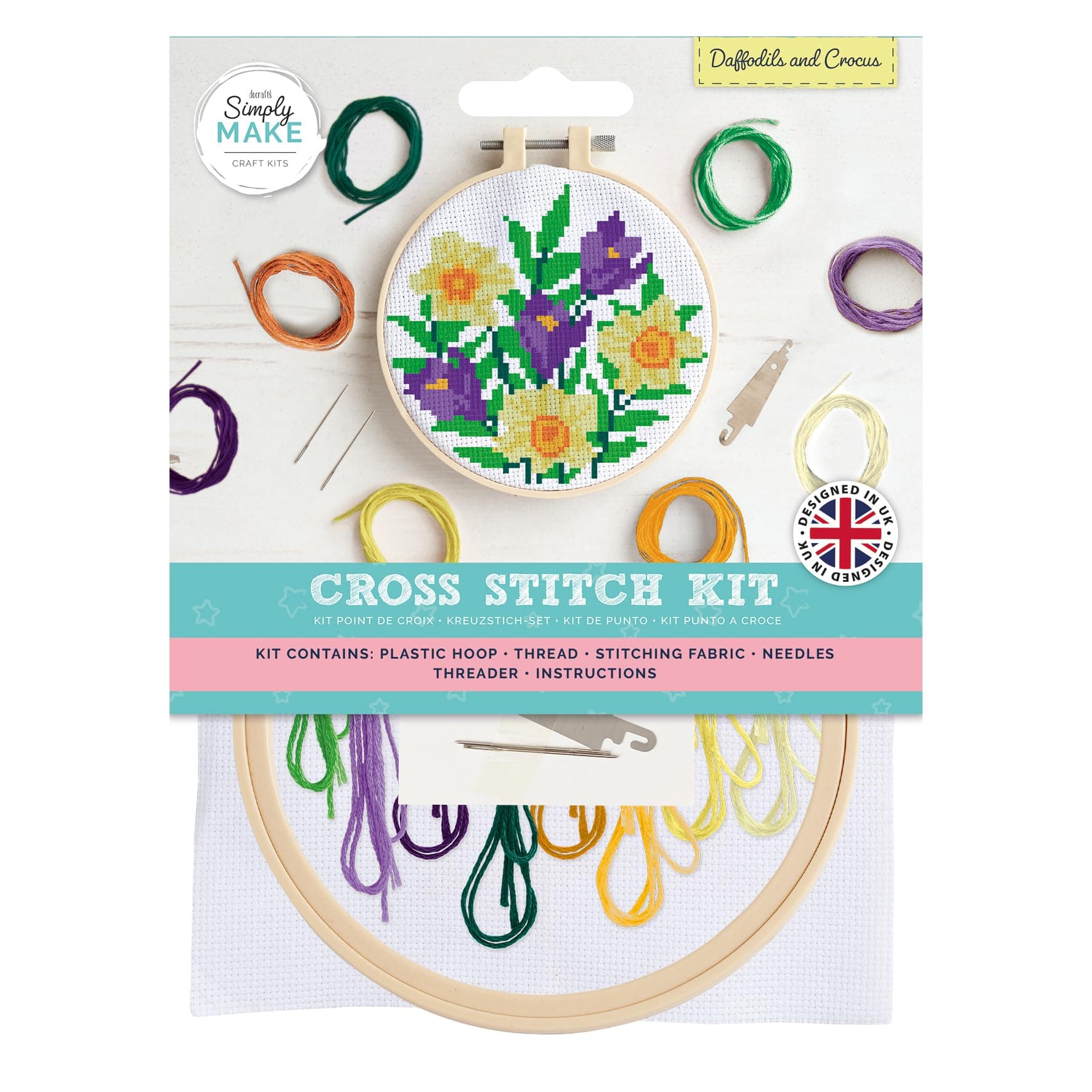 Simply Make Cross Stitch Kit: Daffodils & Crocus, Multicoloured, Single Craft Kit for Adults - Embroidery Threads Included