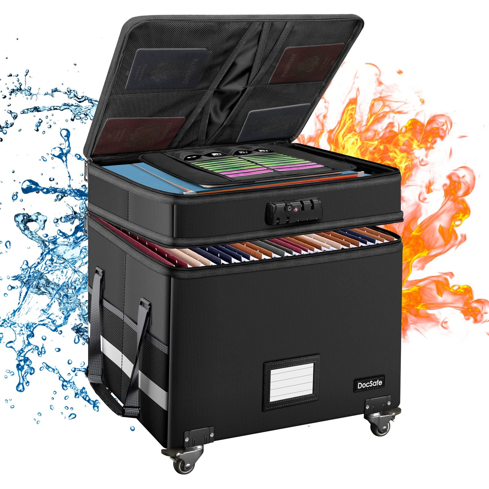 DocSafe Fireproof Document Box with Lock,2-Layer File Box with Wheels,Collapsible File Storage Organizer with Pockets,Large Portable Home Filing Cabinet for Hanging Folders,Black,16''x13.8''x12.2''