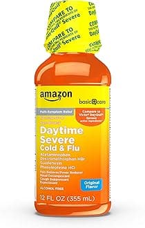 Amazon Basic Care Severe Daytime Cold and Flu, Maximum Strength Liquid Cold Medicine, Non-Drowsy, Multi-Symptom Relief, for Adults and Children Age 6 and Over, 12 Fluid Ounces