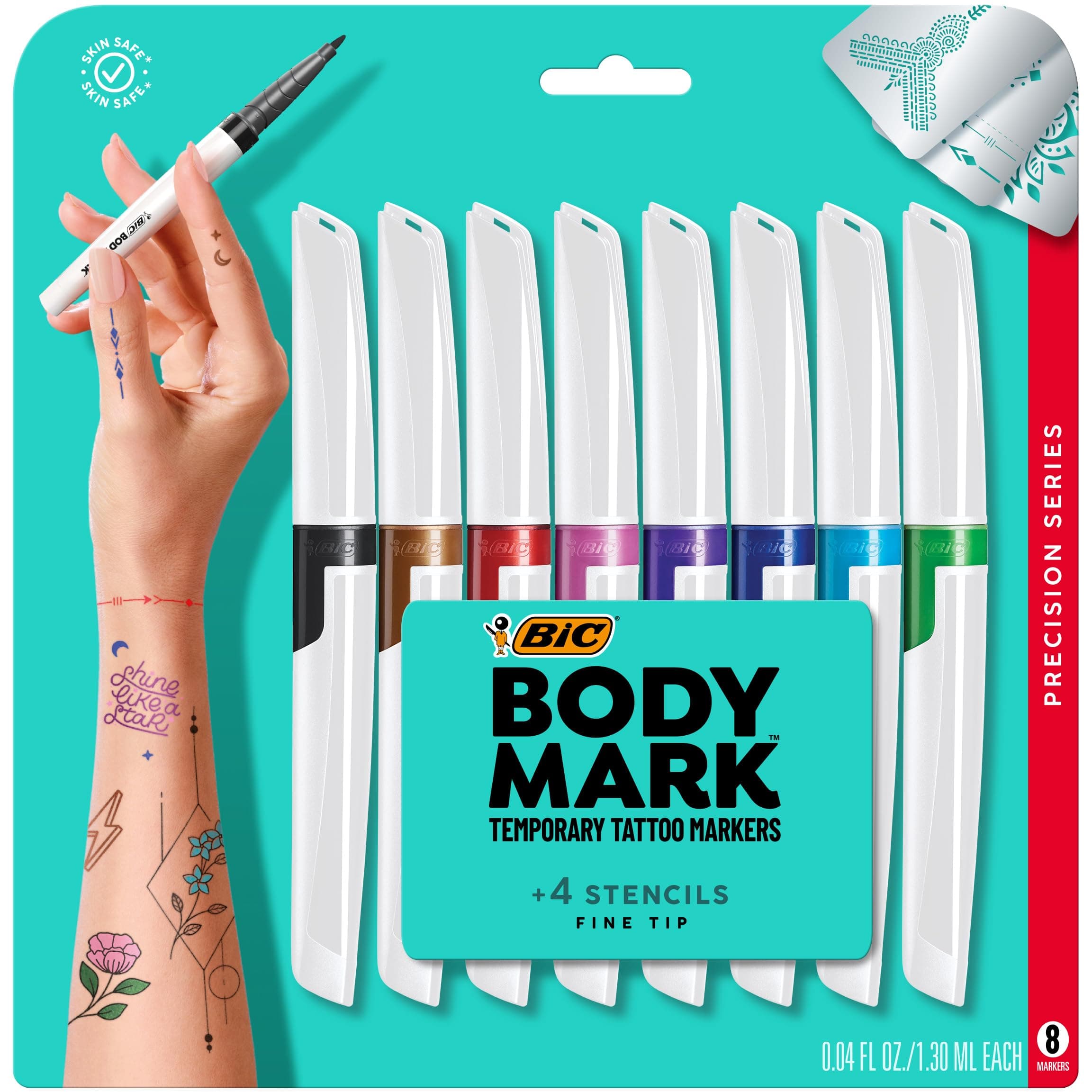 BodyMark Temporary Tattoo Marker with Fine Tip, Precision Series, Assorted Colors, Pack of 8 Markers + 3 Stencils MTBFP81-AST 6 UK