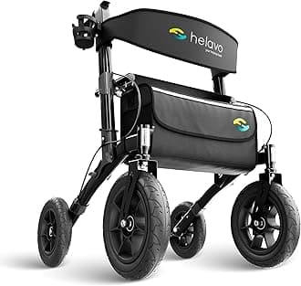 Helavo All Terrain Walker Rollator with 12” Pneumatic Tires – Foldable Outdoor Walkers for Seniors with Seat, Lightweight & Adjustable Height, Shock-Absorbing for Comfort on Any Surface
