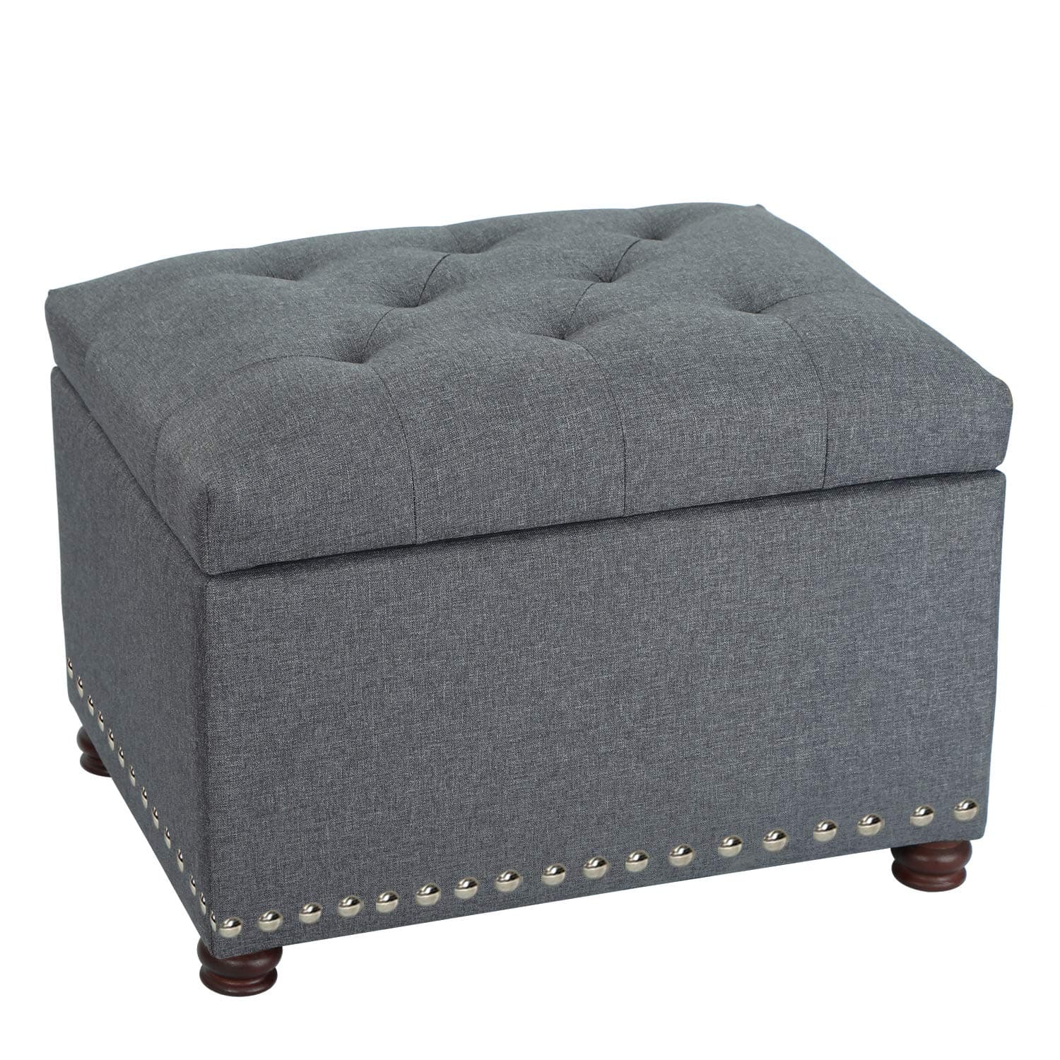 Adeco Classy Linen Blend Fabric Accents Rectangular Storage Bench Ottoman Footstool, Footrest Side Table for Living Room Bedroom, Gray
