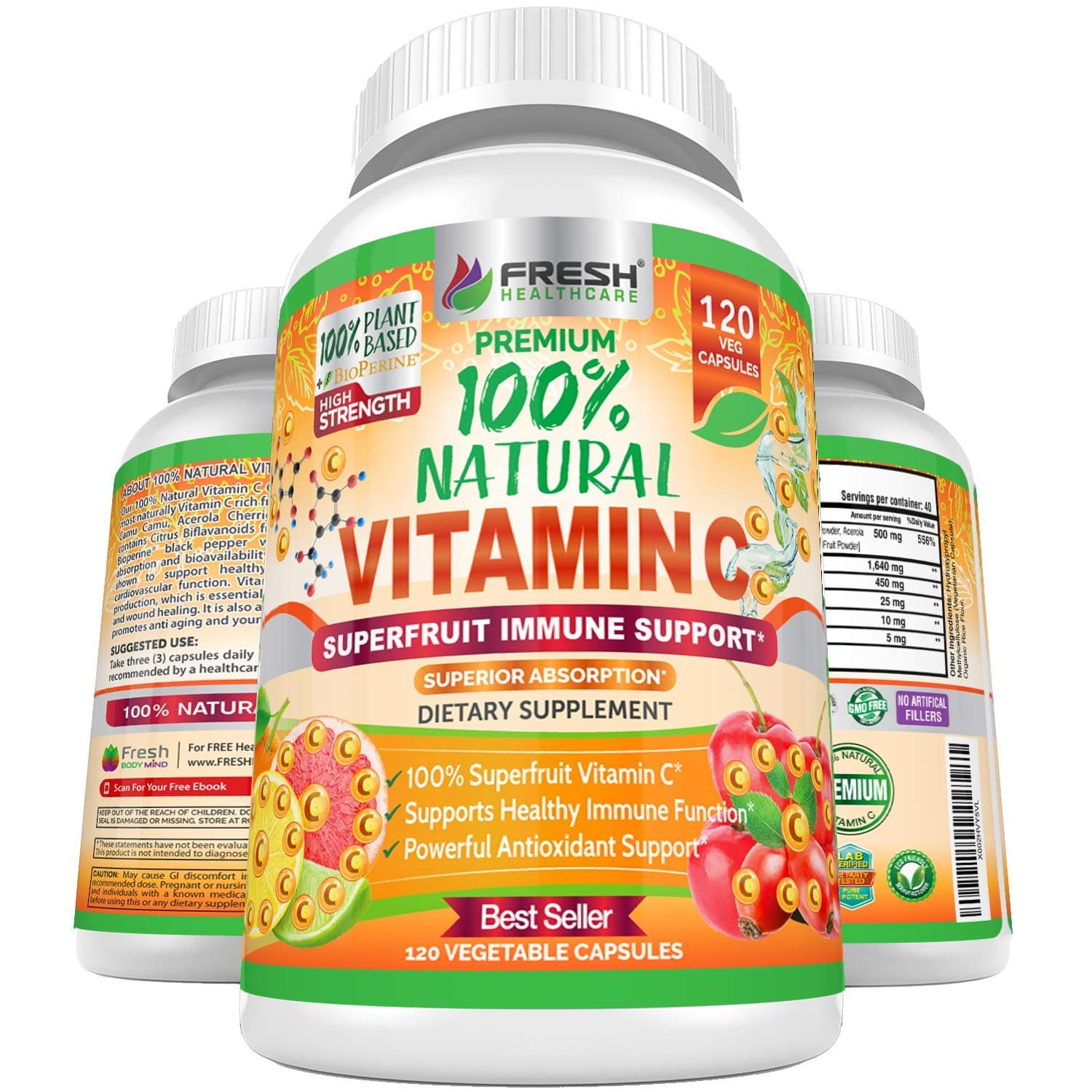 Whole Food Vitamin C 500mg - Natural Supplement from Rose Hips, Acerola Cherry & Camu Camu - with Citrus Bioflavonoids for Immune Support - 120 Vegan Capsules