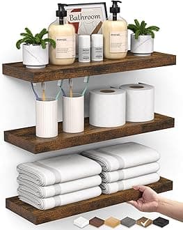 BAYKA Floating Shelves Bathroom for Wall – Shelf Over Toilet Farmhouse Rustic Wood for Bedroom, Kitchen, or Living Room Decor Organization, Christmas Decor Shelves – Rustic Brown, Set of 3