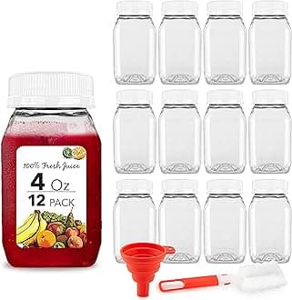 Stock Your Home 4 Ounce Mini Bottles for Mini Fridge, Reusable Juice Containers with White Caps, Small Bottle for Liquids in Lunch Box, Clear Empty Plastic Container with Lids for Juicing (12 Pack)