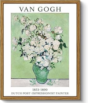 ARPEOTCY Vintage Framed Canvas Wall Art, Van Gogh Sage Green Roses Prints Decor, Vintage Floral Painting Landscape Wall Art for Living Room, Bathroom, Bedroom Aesthetic(8 x 10 Inch)
