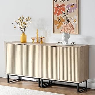 Fluted Storage Cabinet Set of 2, Sideboard Buffet Cabinet Modern Accent Cabinets with Adjustable Shelves, Credenza, Console Table Entryway Cabinets for Living Room, Light Oak