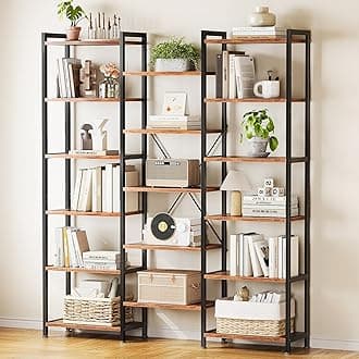 Casaottima Triple 6 Tier Bookshelf, Large Bookcase with 17 Open Display Shelves, Modern Industrial Book Shelves Book Case for Bedroom, Wide Standing Shelving Unit for Living Room Home Office, Vintage