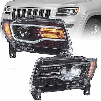 LED Headlights Fit for 2011 2012 2013 Jeep Grand Cherokee WK2, Front Light with Blue Dynamic Startup DRL, Clear