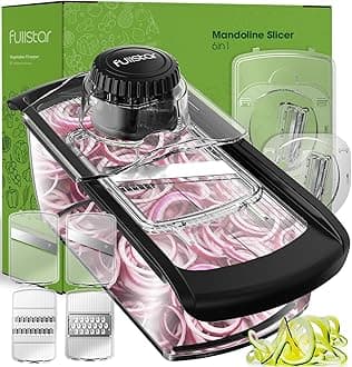 Fullstar Mandoline Slicer for Kitchen, Fruit Cutter, Cheese Grater, Cucumber Slicer, Veggie Spiralizer, Food Cutter & Kitchen Gadgets & Gifts with Safety Glove (6 in 1, Clear)