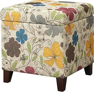 Adeco 18 Inch High Cube Ottoman Storage, Floral Printed Linen Chair Foot Stoo...