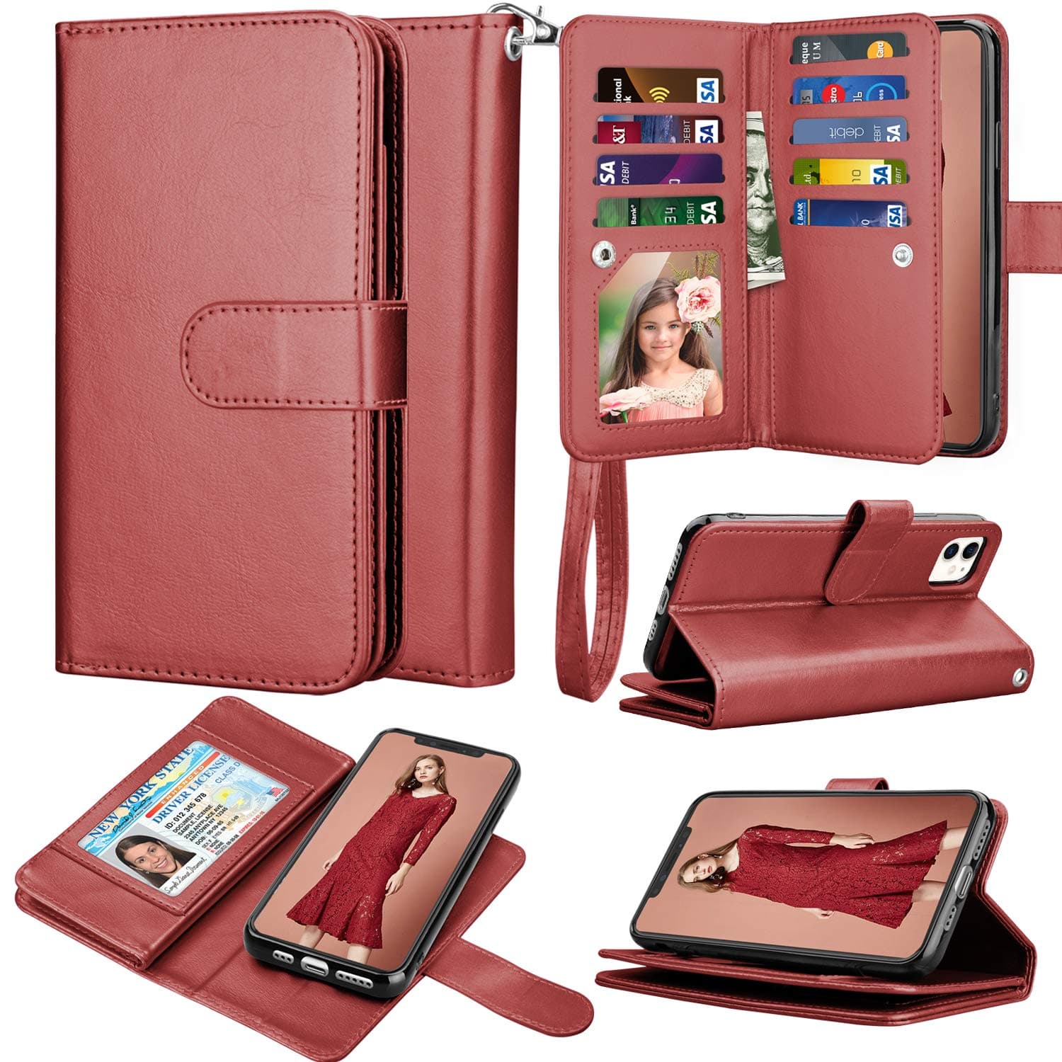 TakfoxWallet Case for iPhone 11, iPhone 11 6.1 Leather Wallet Case with ID Credit Card Holder Slots Folio Flip Kickstand Detachable Magnetic Phone Case & Carrying Wrist Strap for iPhone 11-Wine Red