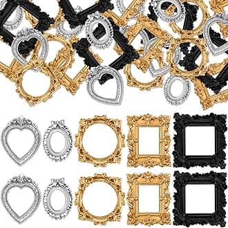 Vicenpal 40 Pcs Vintage Mini Picture Frames Baroque Antique Small Resin Jewelry Display Table Frame for Christmas DIY Photo Holiday Party Decoration (Black,Gold,Silver)