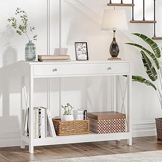 White Console Table with Drawer and Storage Shelves, Foyer Sofa Table Narrow for Entryway, Living Room, Hallway