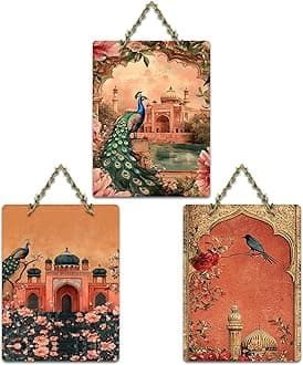 Artvibes Heritage Royal Palace & Peacock Mughal Art Wooden Wall Hanger for Home Decor | Festive Decor Art | Wall Sculpture | Scenery | Aesthetic Wooden Decor | Unique Gift Items (WH_9632N), Set of 3