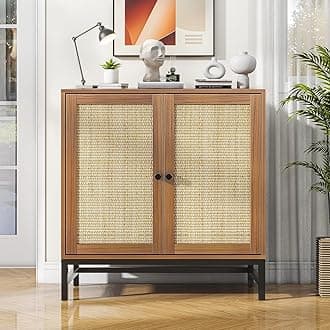 Credenza Rattan Buffet Cabinet, Sideboard Storage Accent Cabinet with 2 Doors, Small Mid Century Modern Console Table for Kitchen, Living Room and Dining Room, Walnut