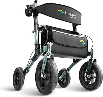 Helavo All Terrain Walker Rollator with 12” Pneumatic Tires – Foldable Outdoor Walkers for Seniors with Seat, Lightweight & Adjustable Height, Shock-Absorbing for Comfort on Any Surface