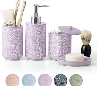 Premium Lavender Purple Bathroom Accessories Set. Decor. Accesorios para Baños. New Apartment Essentials. Toothbrush Holder and Soap Dispenser.