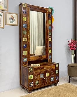 Wood Vestal Sheesham Wood Dressing Table - Tile Designed | Wooden Dressing Table | Sheesham Wood | Bedroom Furniture, Brown