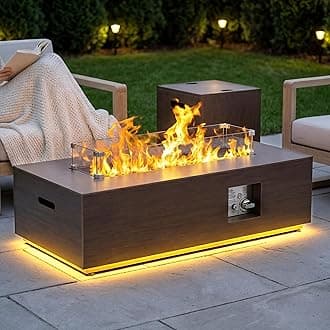 42" Modern Fire Pit Table with LED Light 50,000 BTU Deck Fire Pit Table Includes Wind Guard, Lid, Rocks & Cover - Propane Gas Patio Fireplace, Chimenea para Patio (Grey/Golden Light, 42" LED)