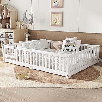Bellemave Queen Size Floor Bed Frame with Slats and Safety Guardrail, Wood Queen Size Montessori Floor Bed with Door and Fence, Easy Assemble Montessori Beds for Kids, Girls, Boys, White