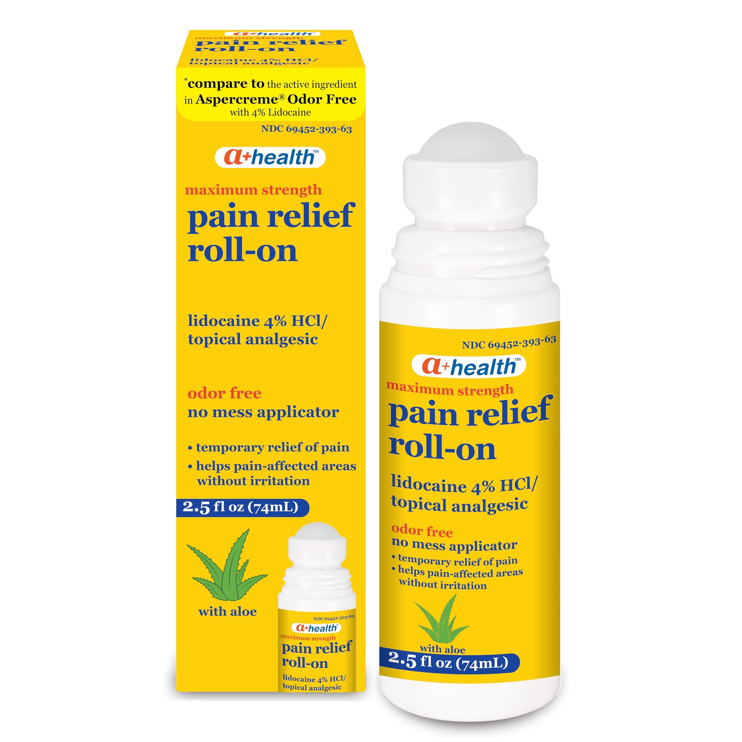 - Pain Relief Roll-On Liquid, Lidocaine 4%, Odor Free, Maximum Strength Pain + Itch Relief with Aloe, Made in USA, 2.5 fl Ounces