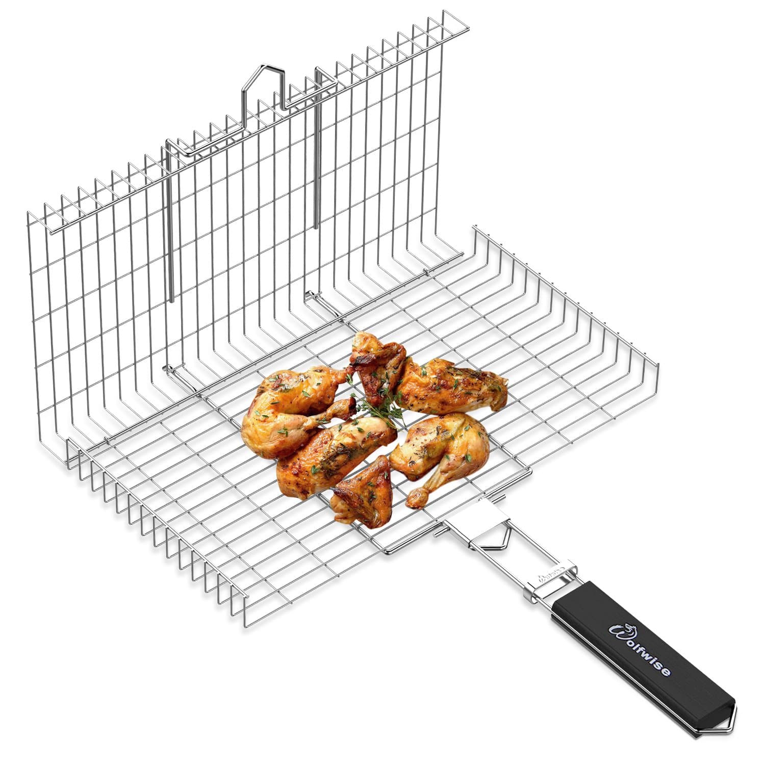 Wolfwise Portable Grilling Basket BBQ Barbecue Tool Work for Fish Vegetable Steak Meat Shrimp Chops, Made of Durable 430 Stainless Steel, XL