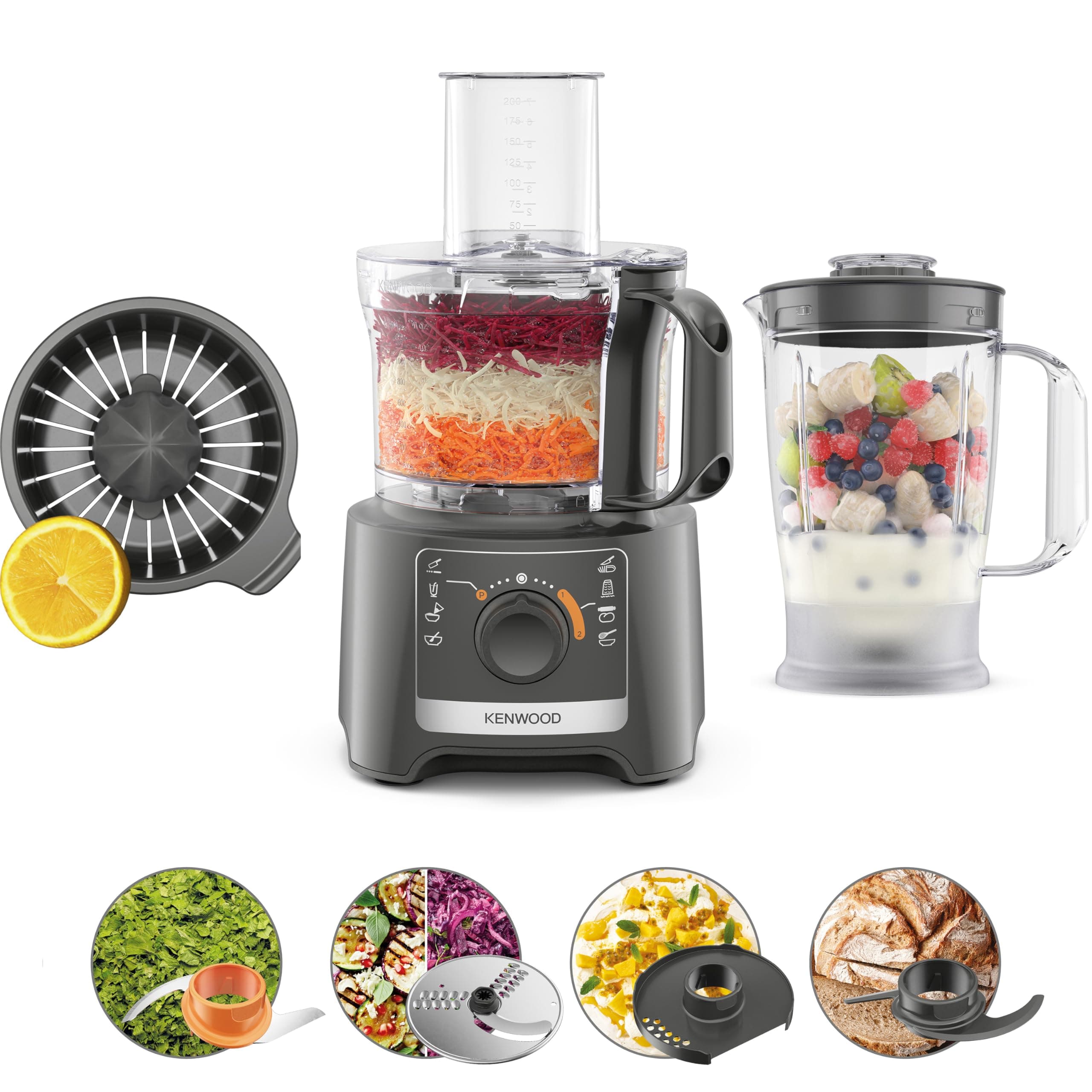 KENWOOD Food Processor 800W Multi-Functional with Blender, Citrus Juicer, Reversible Slicing/Grating Disk, Emulsifying Disk for Whisking, Dough Maker, Knife Blade FDP31.270GY Grey