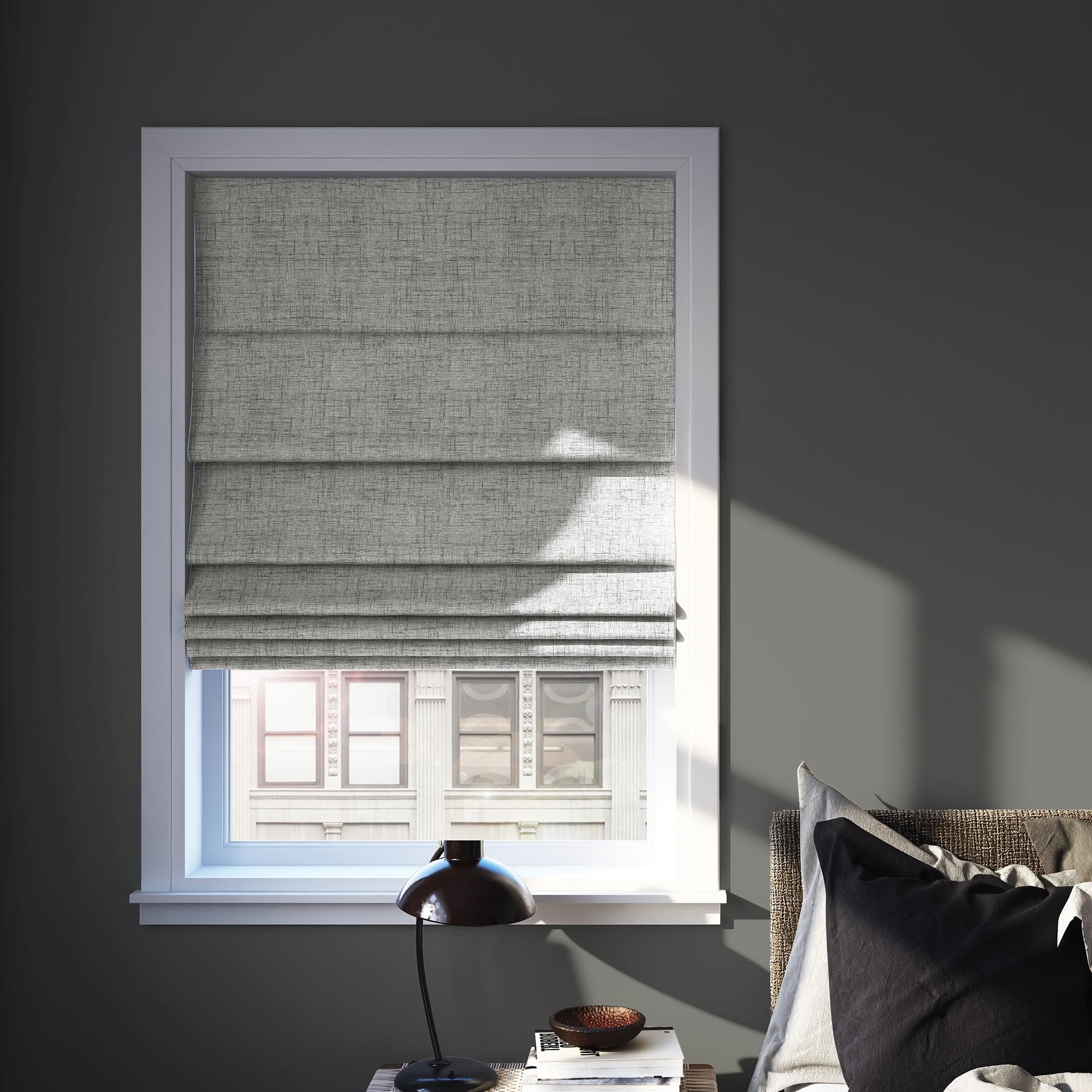 Sun Zero Seraphina Textured Total Blackout Cordless Roman Shade, 31" x 64", Gray