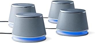 Amazon Basics USB Plug-n-Play Computer Speakers for PC or Laptop - 2 Pair (4 Speakers), Silver with Blue LED Light