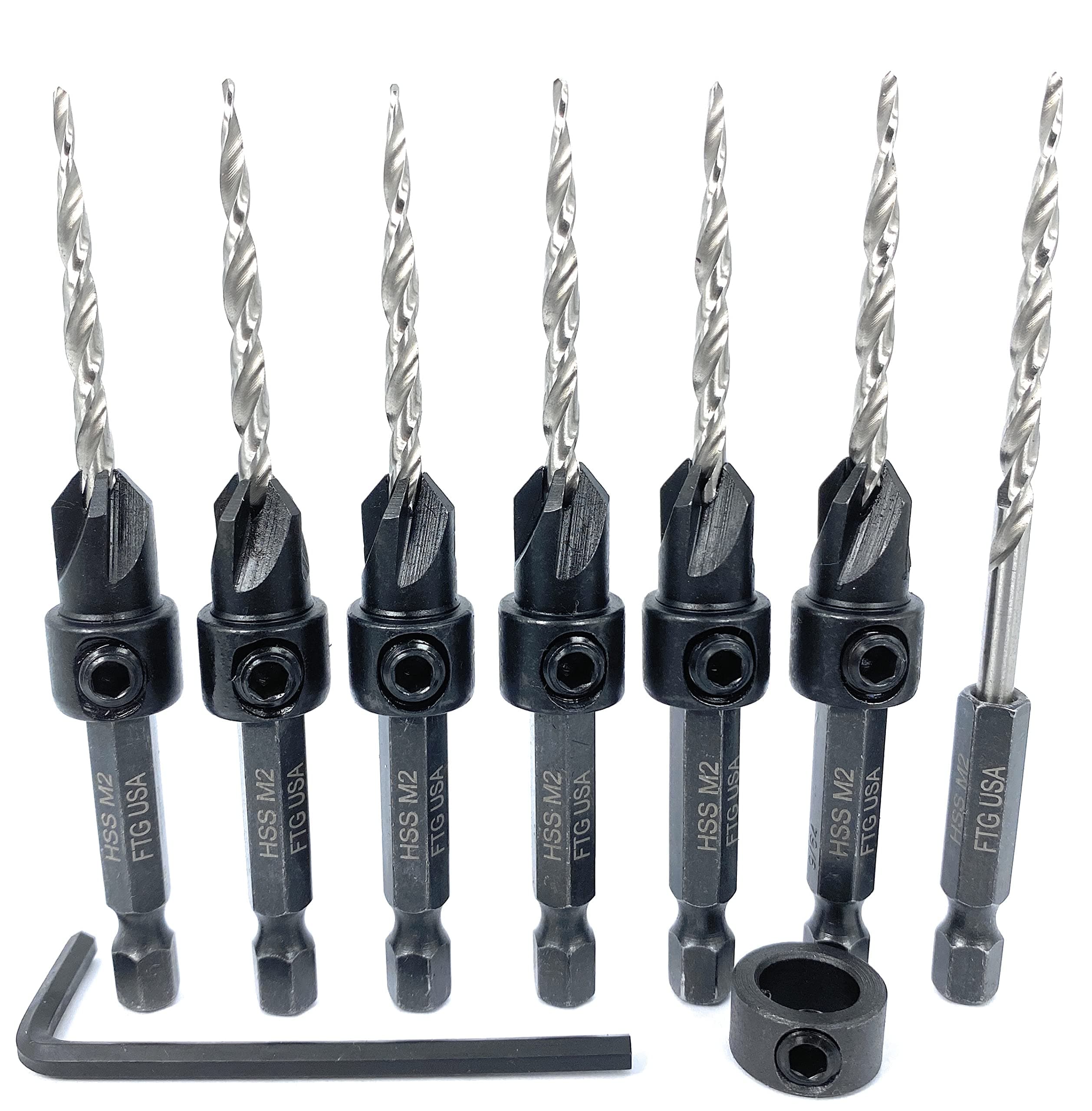 FTG USA Countersink Drill Bit Set 6 Pc #6(9/64") Wood Countersink Drill Bit, Pro Pack Countersink Bit, 1 Extra Tapered Drill Bit for Countersink, 1 Stop Collar, 1 Hex Wrench, Countersink Drill Bits