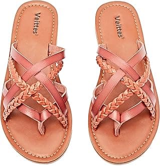 Veittes Women's Flat Slide Sandals - Fashion Slip On Braided Plait Toe Thong Strappy Spring Summer Shoes.(2307001,BR/MF,5.5 UK)