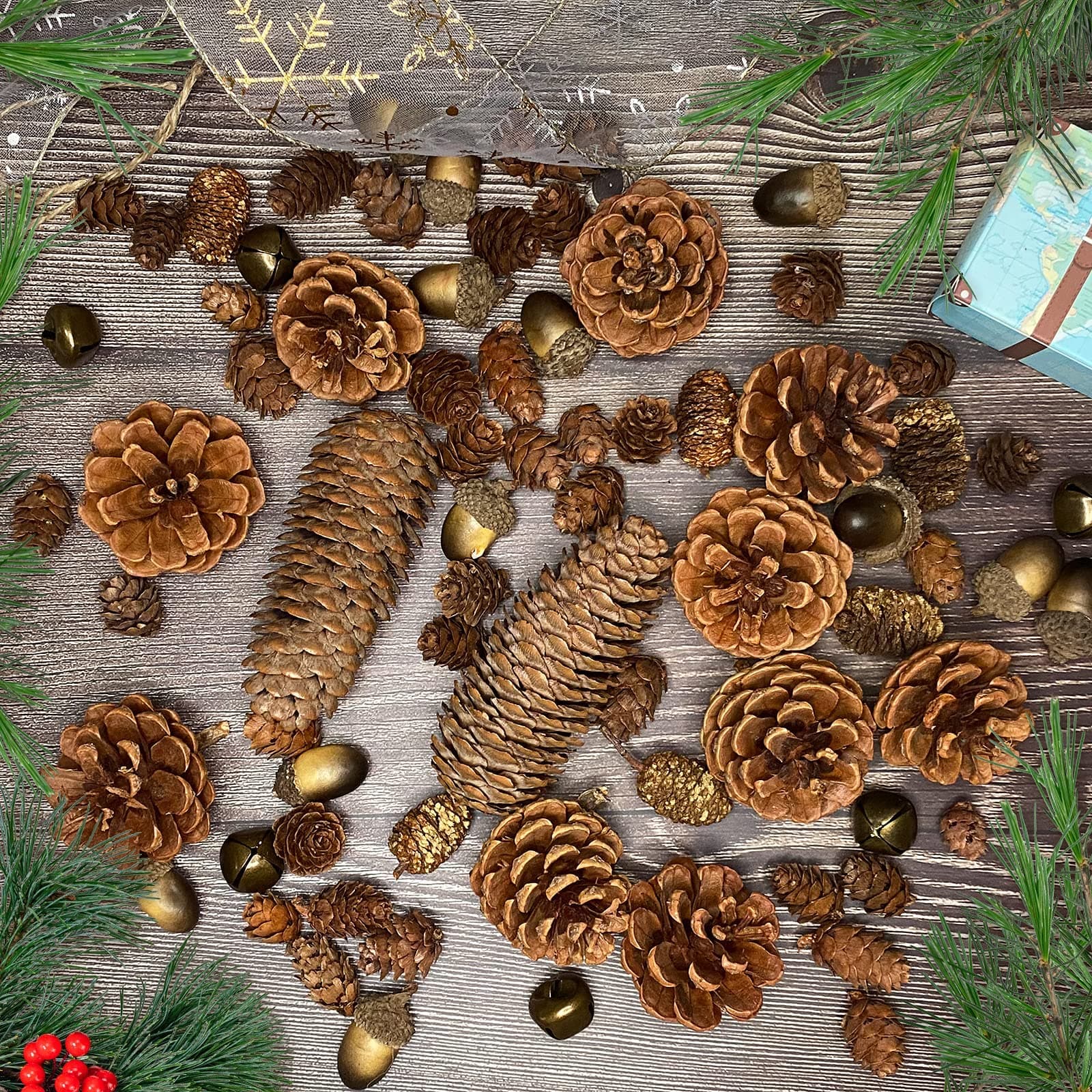 CHolic 72Pcs Pine Cone Set, Natural Pinecone Acorns Pine Cones Ornaments for Autumn and Winter Crafts Decorating, Christmas Decor, Bowl Vase Fillers