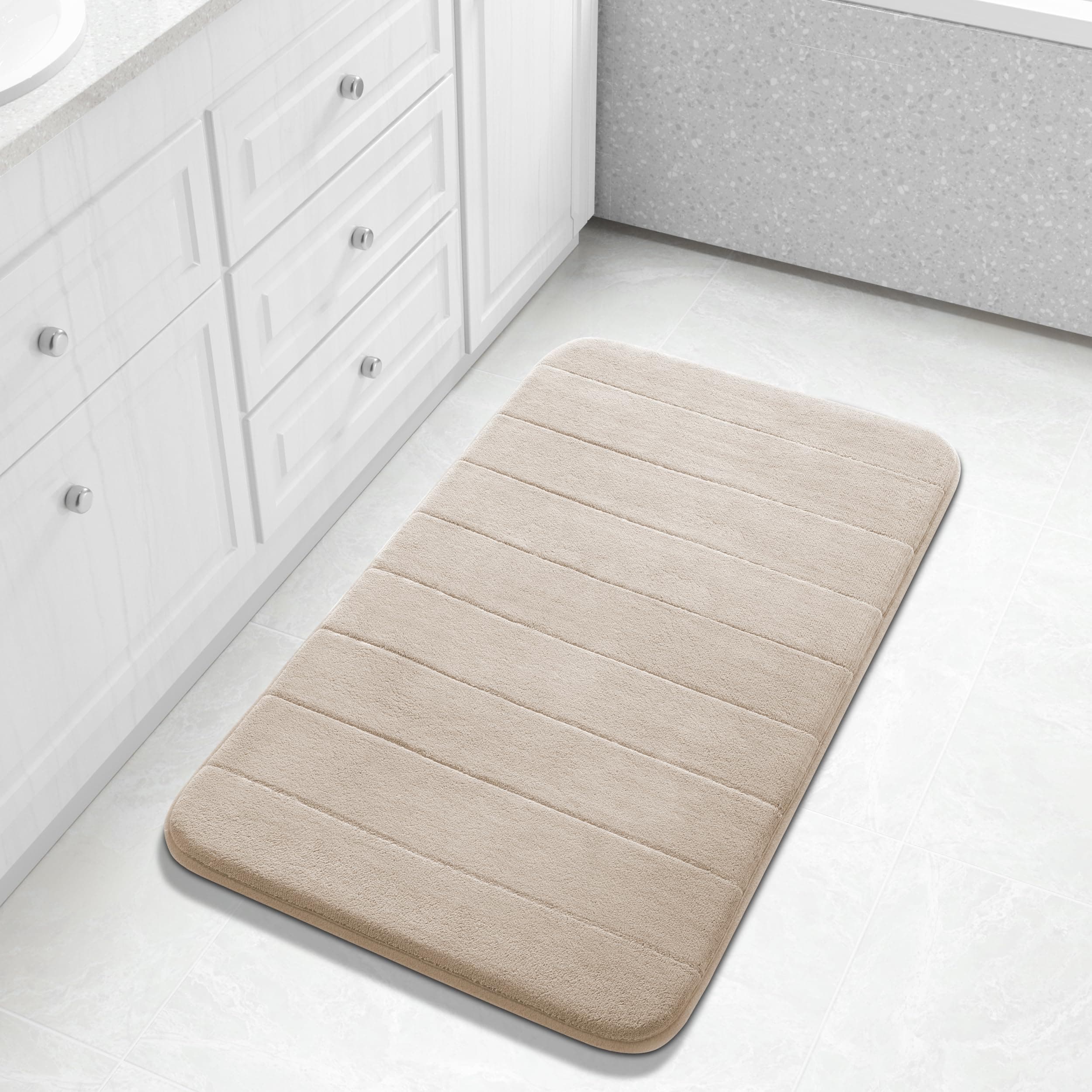 Yimobra Memory Foam Bath Mat Large Size 36.2 x 24 Inches, Soft and Comfortable, Super Water Absorption, Non-Slip, Thick, Machine Wash, Easier to Dry for Bathroom Floor Rug, Beige