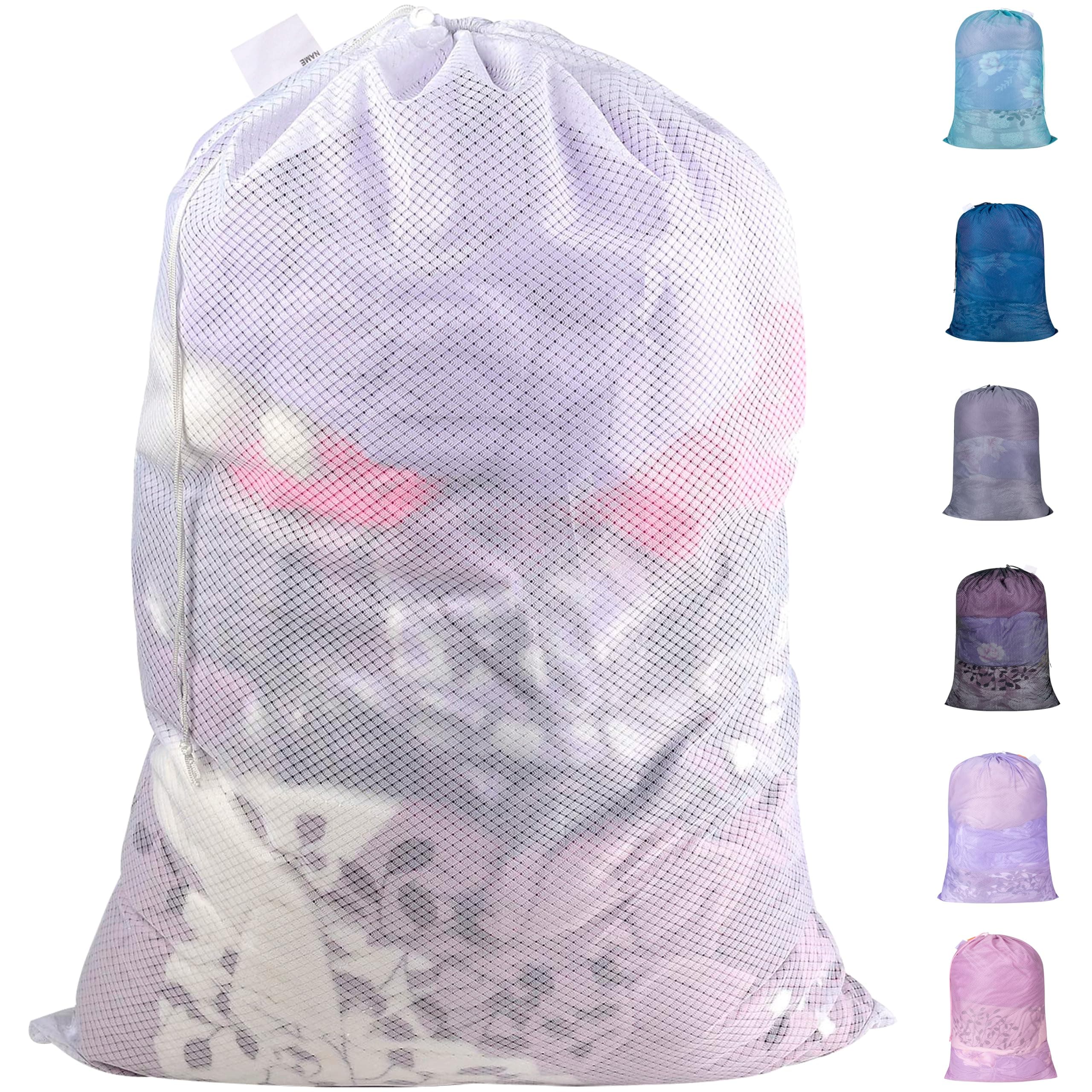 Polecasa Extra Heavy Duty Large Diamond Mesh Laundry Bags with Drawstring Closure & ID Tag, 24 x 36 inches Washable Storage Bag for College, Travel, Sports, Dorms, White