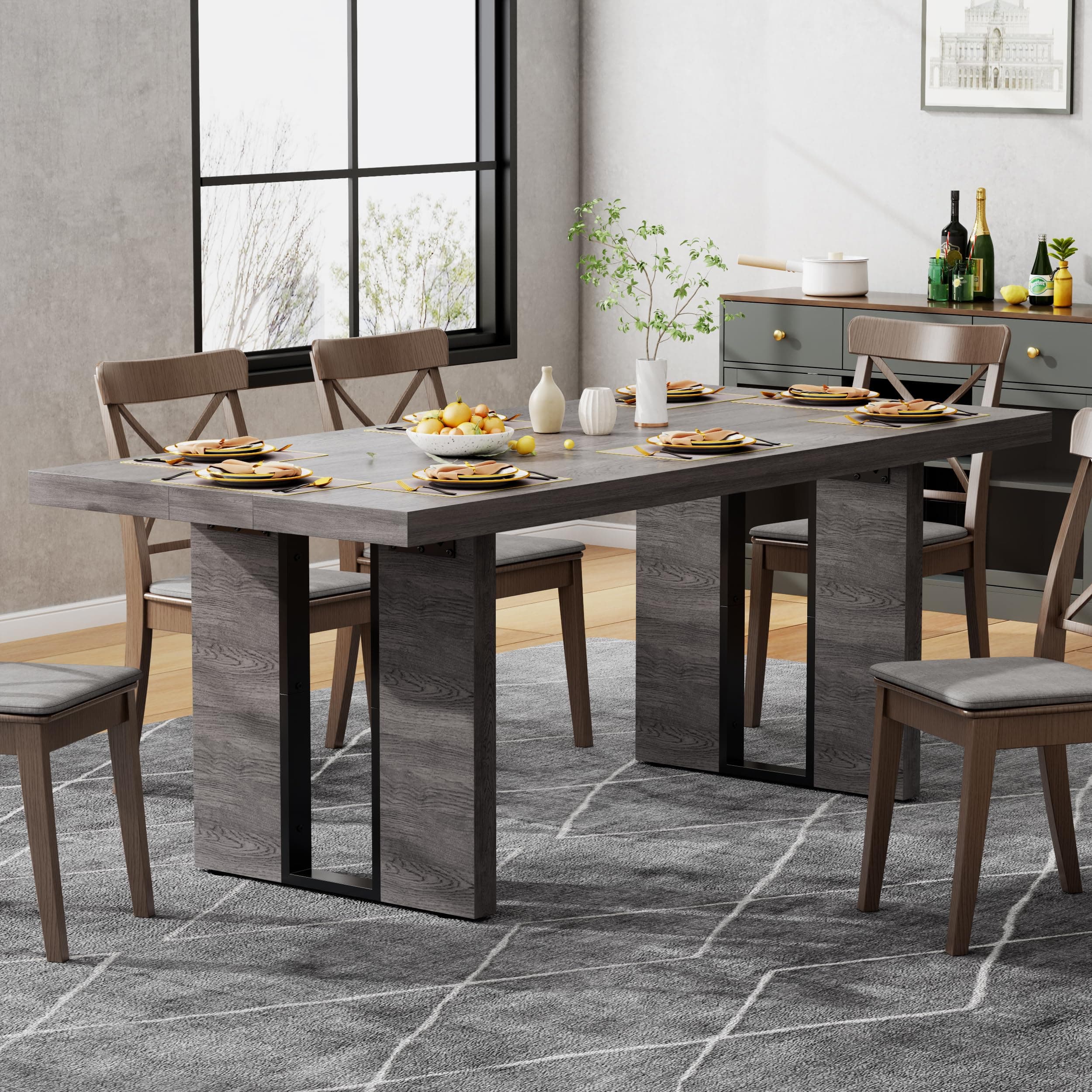 Loomie 70.8 Inch Dining Table, Rustic Farmhouse Kitchen Table for 6-8 People, Large Dinning Room Furniture Rectangle Dinner Table for Living Room, Apartment, Home Office, Vintage Grey