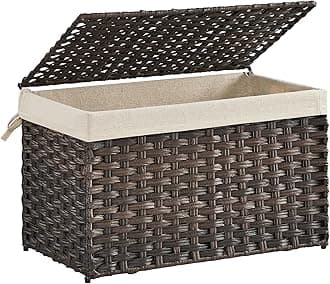 SONGMICS Storage Basket with Lid, Woven Blanket Storage Bin with Handles, Foldable, Removable Liner, Metal Frame, for Bedroom, Laundry Room, 17.2 Gallons (65 L), Brown URST56BR