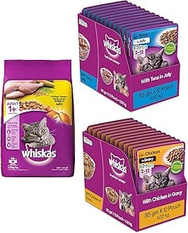 Whiskas Kitten Wet Cat Food, Chicken in Gravy, 12 Pouches & Kitten Wet Cat Food, Tuna in Jelly, 12 Pouches & Adult (+1 Year) Dry Cat Food, Chicken Flavour, 1.2kg Pack