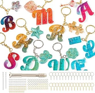 Mocoosy 182Pcs Fancy Alphabet Resin Molds Silicone Kit, Reversed Letter Keychain Epoxy Resin Casting Molds, Resin Key Chain Making Set with 1 Hand Drill 2 Drill Bits 30 Key Rings 100 Screw Pins