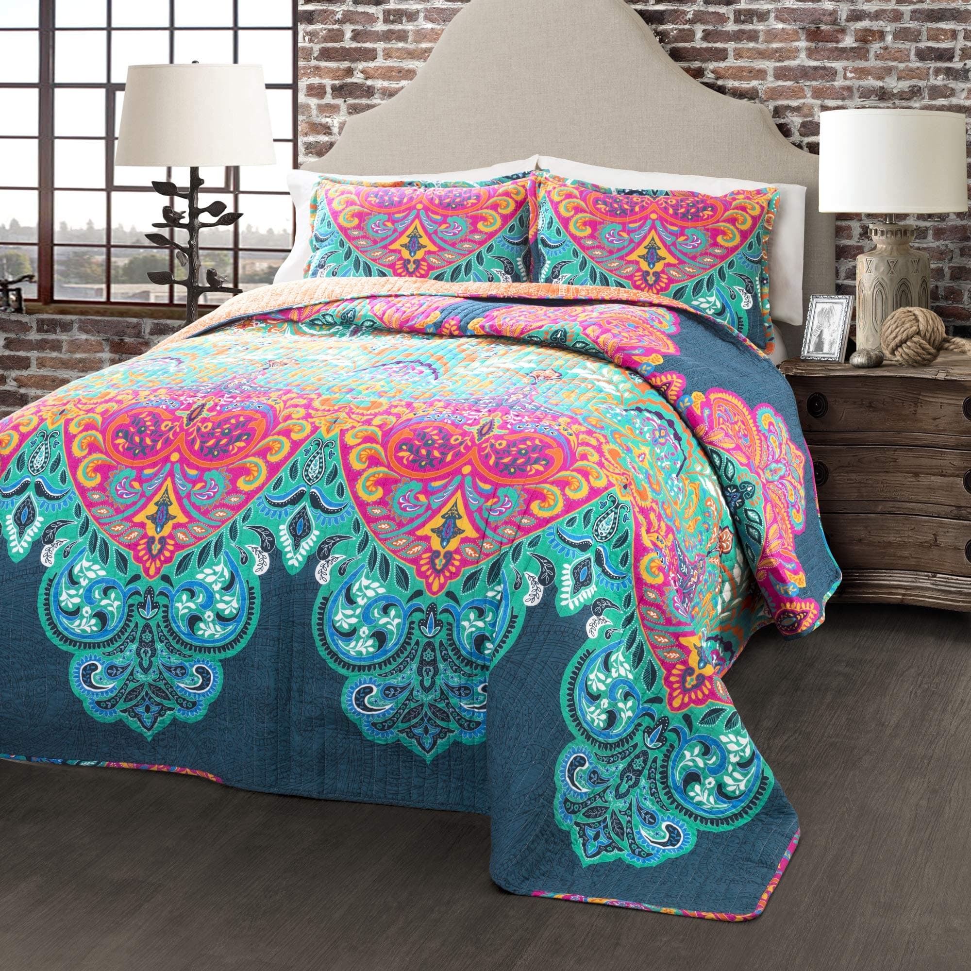 Lush Decor Boho Chic Reversible 3 Piece Quilt Bedding Set - Turquoise/Navy - King