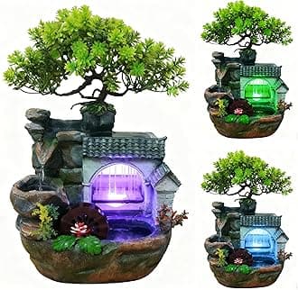 11" Desktop Fountain Rock Waterfall Humidifier with Artificial Tree &LED Light, Tabletop Water Fountains Indoor Fake Plant Bonsai Tree Feng Shui Decoration for Aquariums Office Bedroom Home Décor