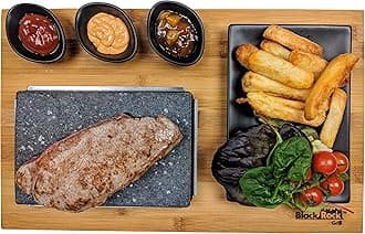 Black Rock Grill Steak, Hot Stone Grill - Sizzling Hot Rock, Indoor Grill, Cooking Stone with Matt Black Ramekins and Side Plate (One Standard Set)