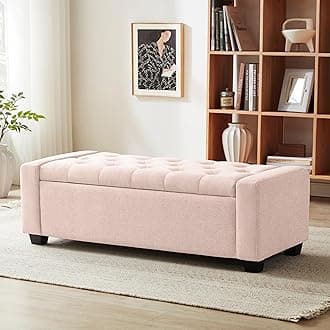 48" Ottoman with Storage, Pink Storage Ottoman Bench with Safety Hinge, Upholstered Entryway Bench with Seating for Bedroom, Living Room, Holds up to 330 lb