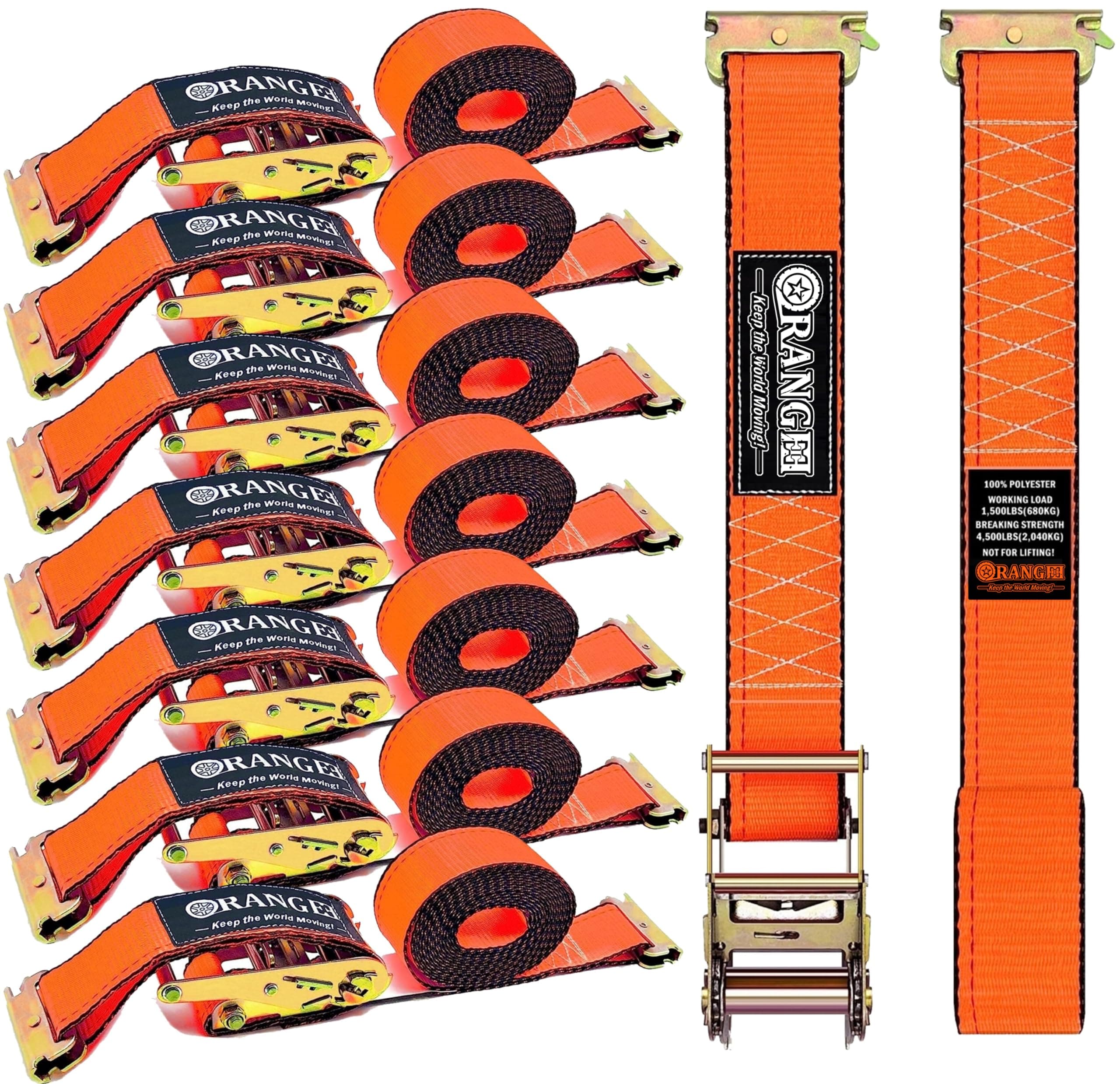 ORANGEE 8 Pack 15FT x 2IN E Track Ratchet Strap 4500lb Breaking Strength for Container, Cargo Vans, Trailer Load Hi Visible Neon Orange Color