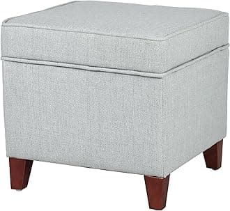 Adeco 17.5" Square Fabric Ottoman with Storage - Upholstered Linen Foot Rest - Flip Top Footstool with Sturdy Wood Legs, Small Cube Coffee Table Extra Seat for Living Room, Bedroom, Grayish Blue