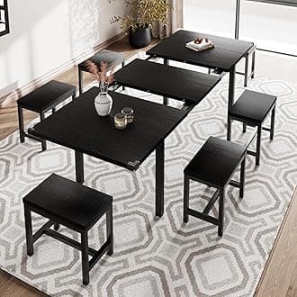 iPormis 7-Piece Extendable Dining Table Set with 6 Stools, 63" Kitchen Table Set for 4-8, Modern Dining Room Table with Sturdy Metal Frame, Space-Saving Dinette, Black